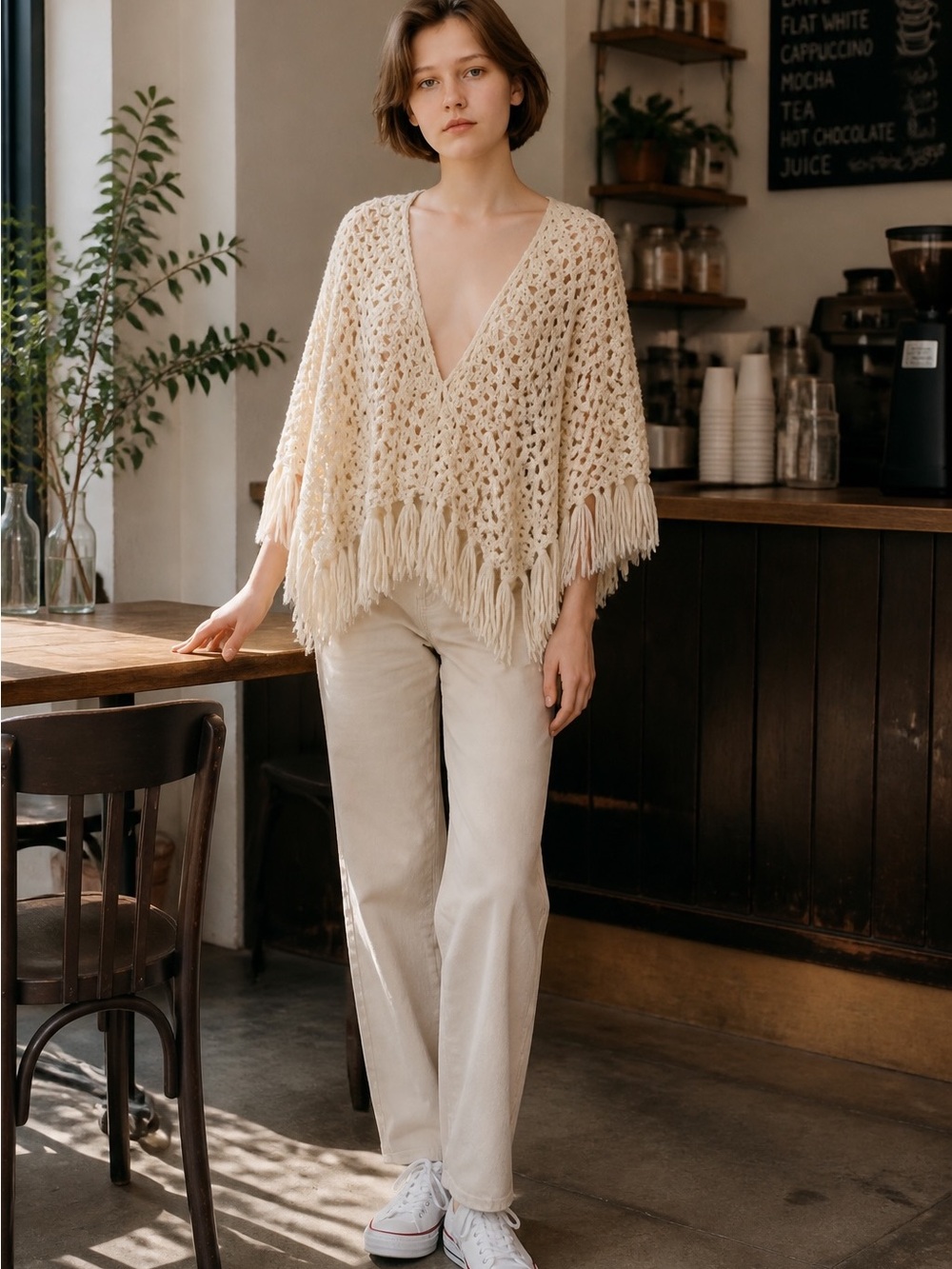 UNBRANDED triangle‎ Vintage Cream Crochet Shawl With Fringe.
